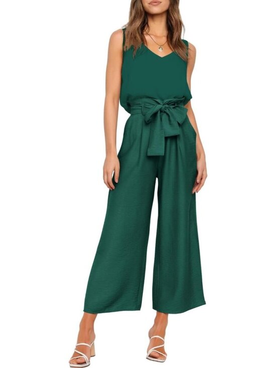 Pants - Women's 2 Piece Set V Neck Tank Dark Green Tops High Waisted Pants with Belt